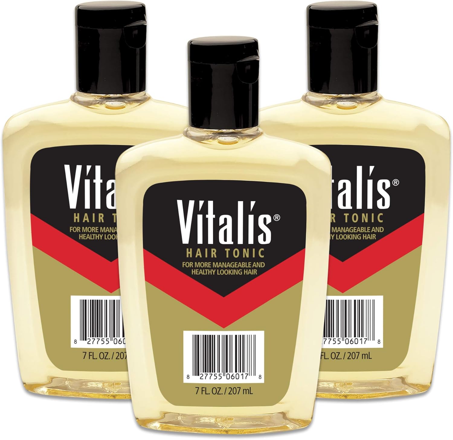 Vitalis Hair Tonic front view bottle showcasing the distinctive black red and gold label grooming liquid