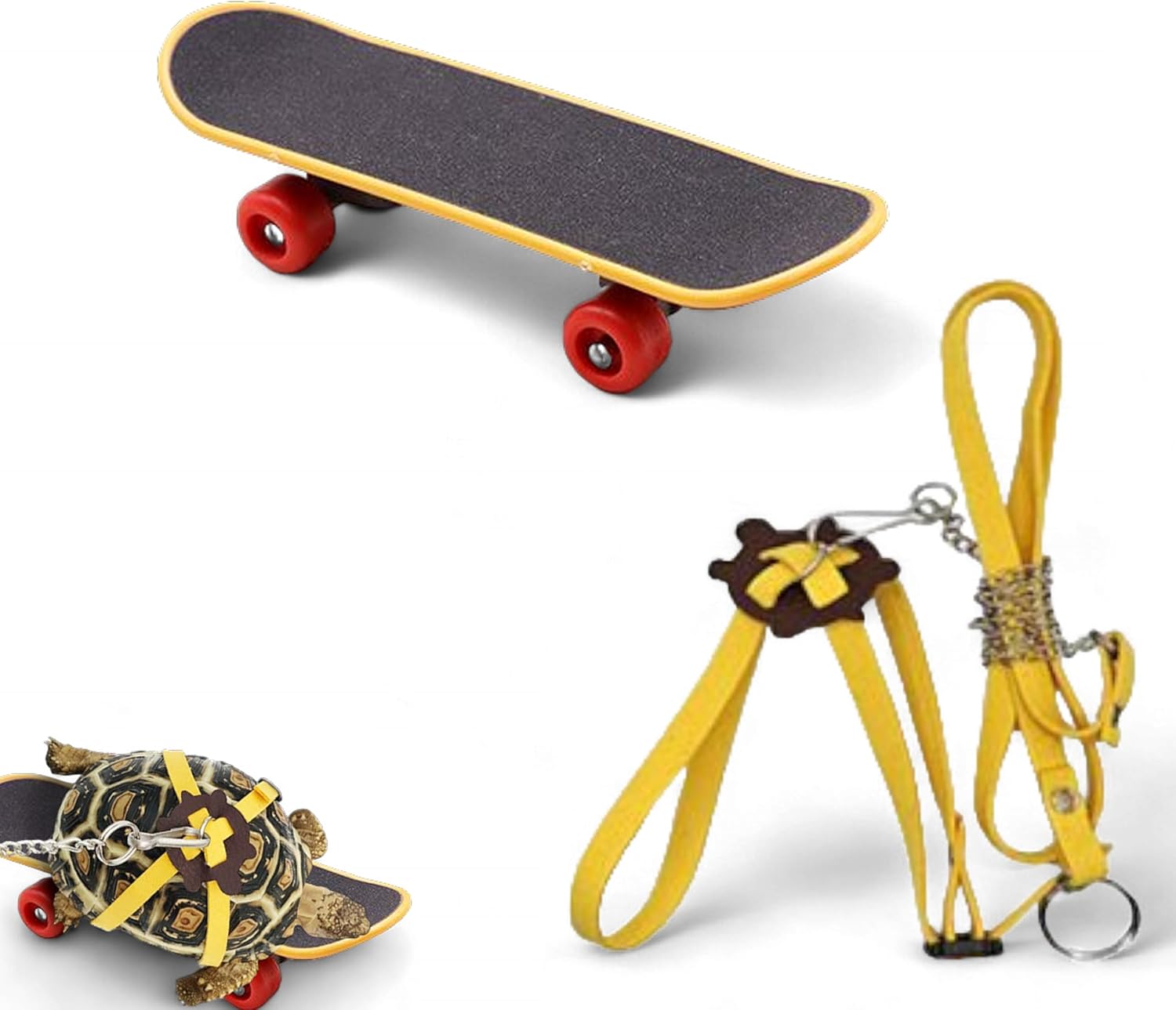 Keersi adjustable tortoise leash and skateboard set front view showcasing the yellow training board with red wheels.