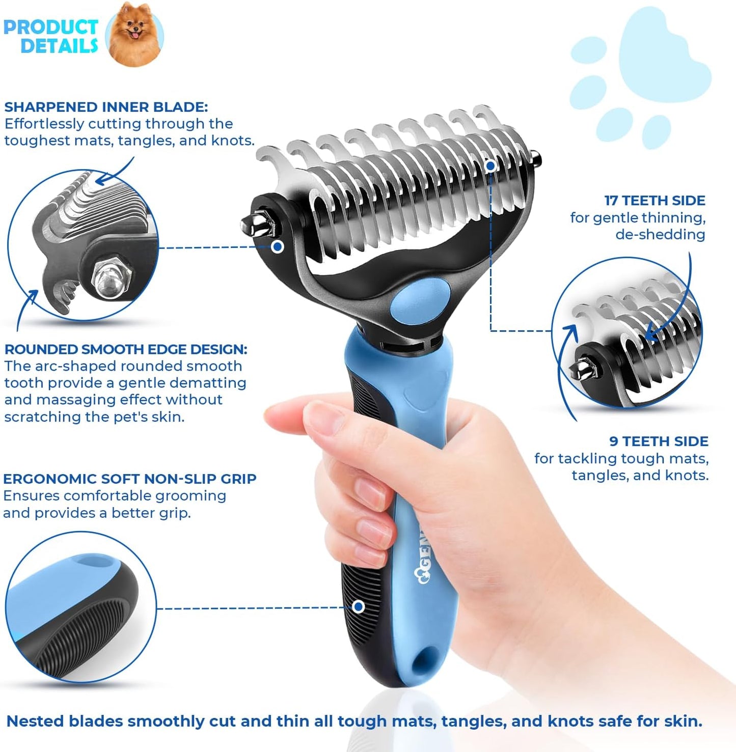 Close up of Genpepado stainless steel pet grooming teeth