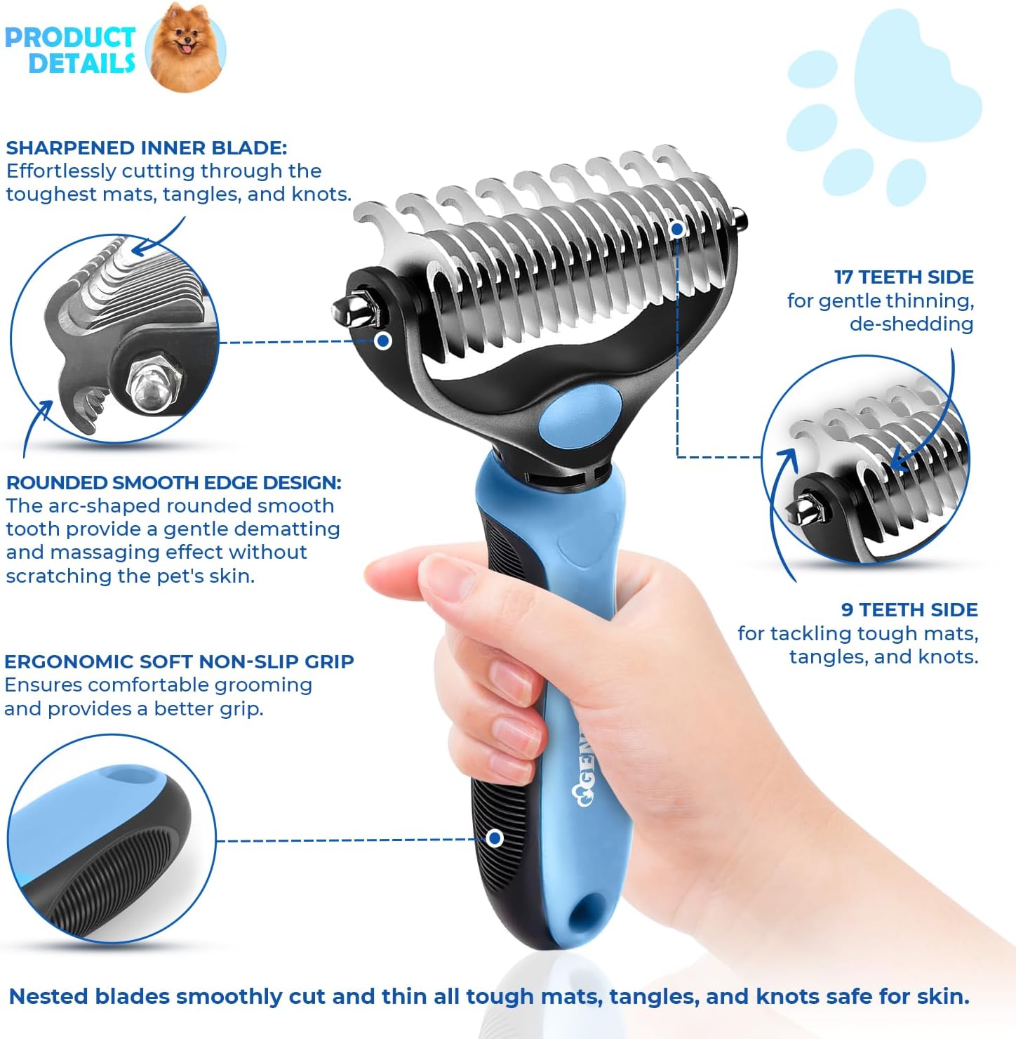 Close up of Genpepado stainless steel pet grooming teeth