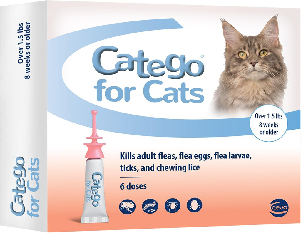 Catego topical flea drops box showing weight requirements for cats over one point five pounds
