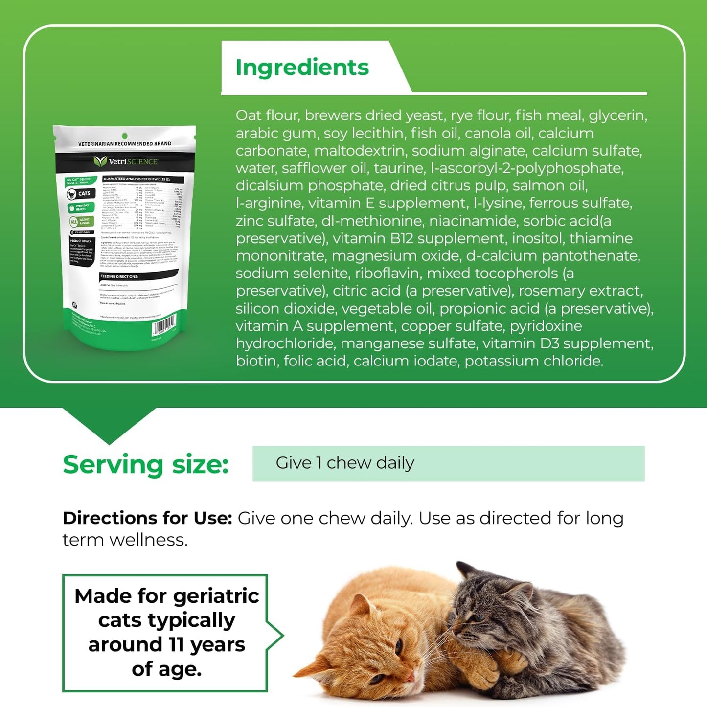 VetriScience Senior 27 Plus Active Health cat multivitamin nutritional facts