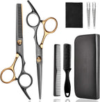 Fcysy professional hair cutting scissors kit front view displaying black and gold shears in leather case.