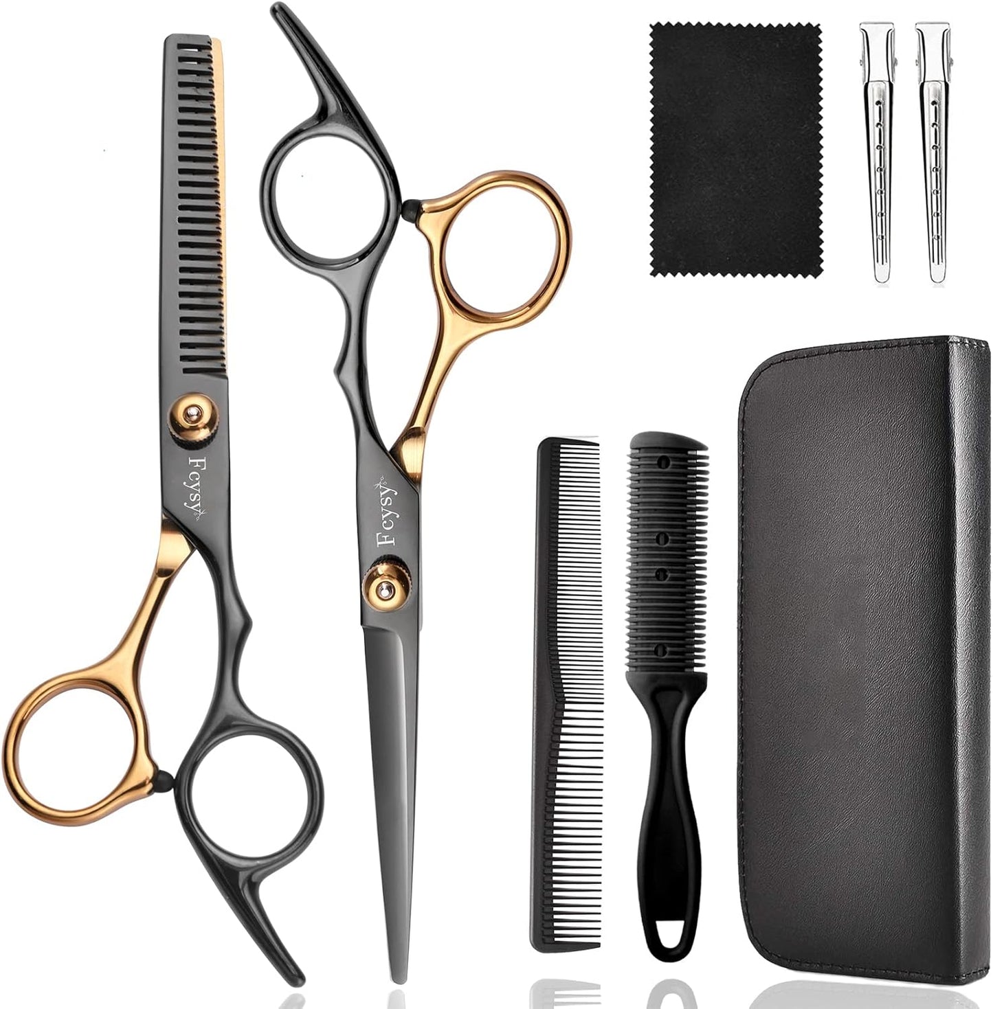 Fcysy professional hair cutting scissors kit front view displaying black and gold shears in leather case.