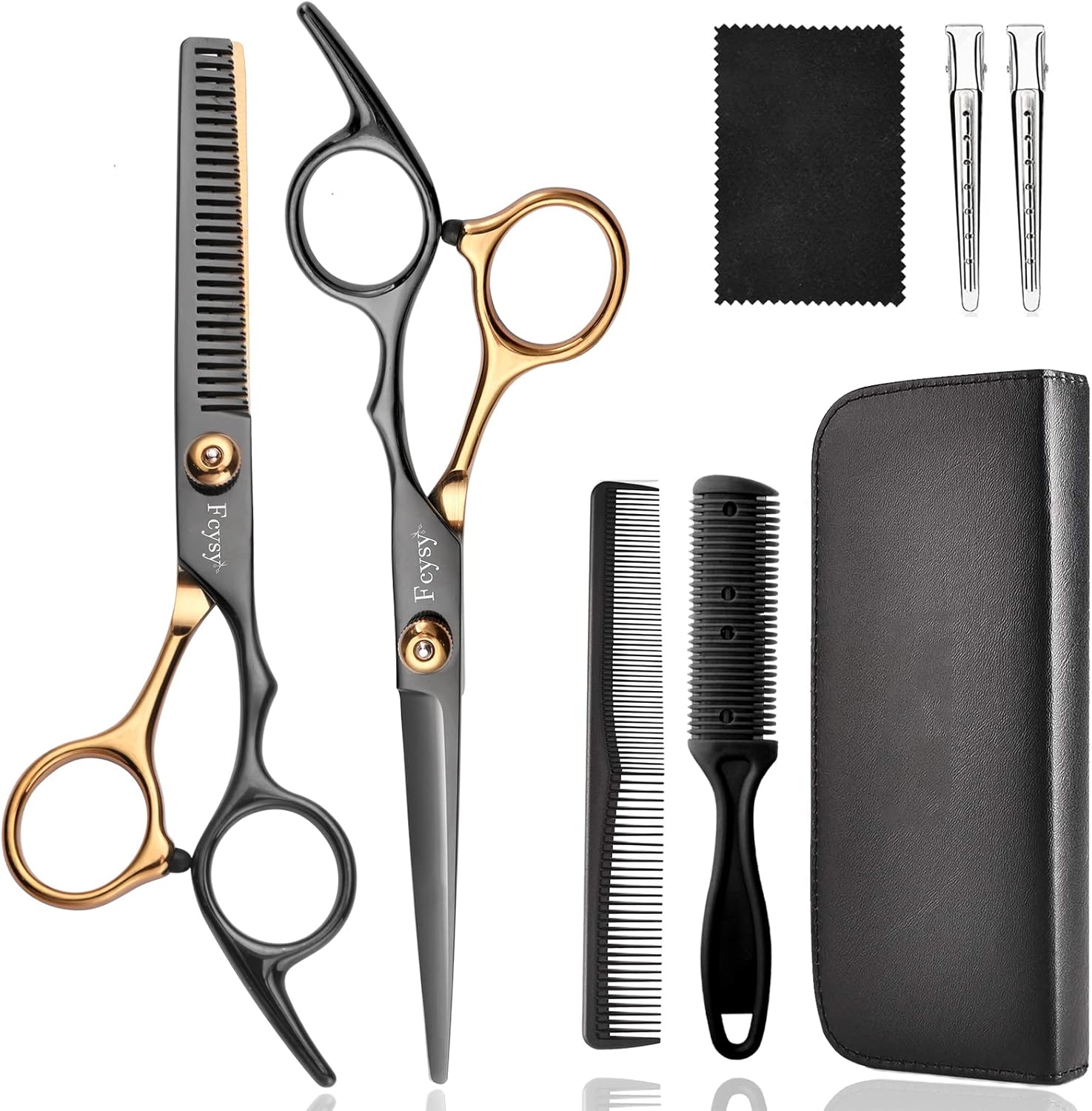 Fcysy professional hair cutting scissors kit front view displaying black and gold shears in leather case.