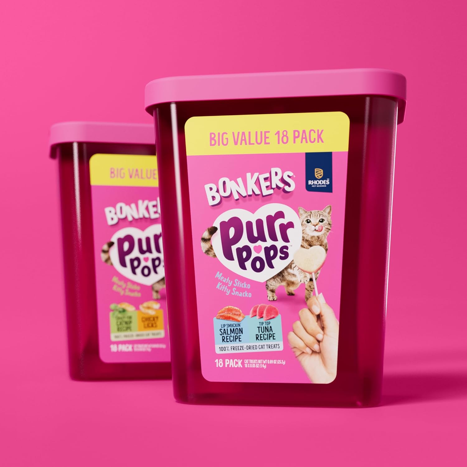 Interactive cat snacking pops featuring salmon and tuna formulation for bonding times.