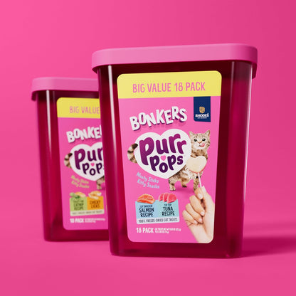 Interactive cat snacking pops featuring salmon and tuna formulation for bonding times.