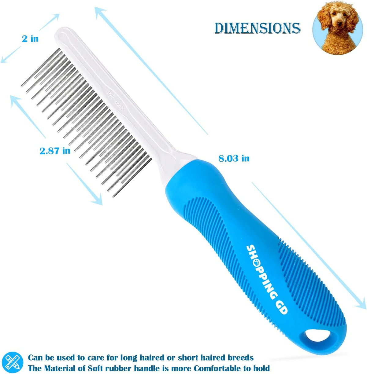 Shopping GD grooming brush close up of rounded metal pins for cat grooming