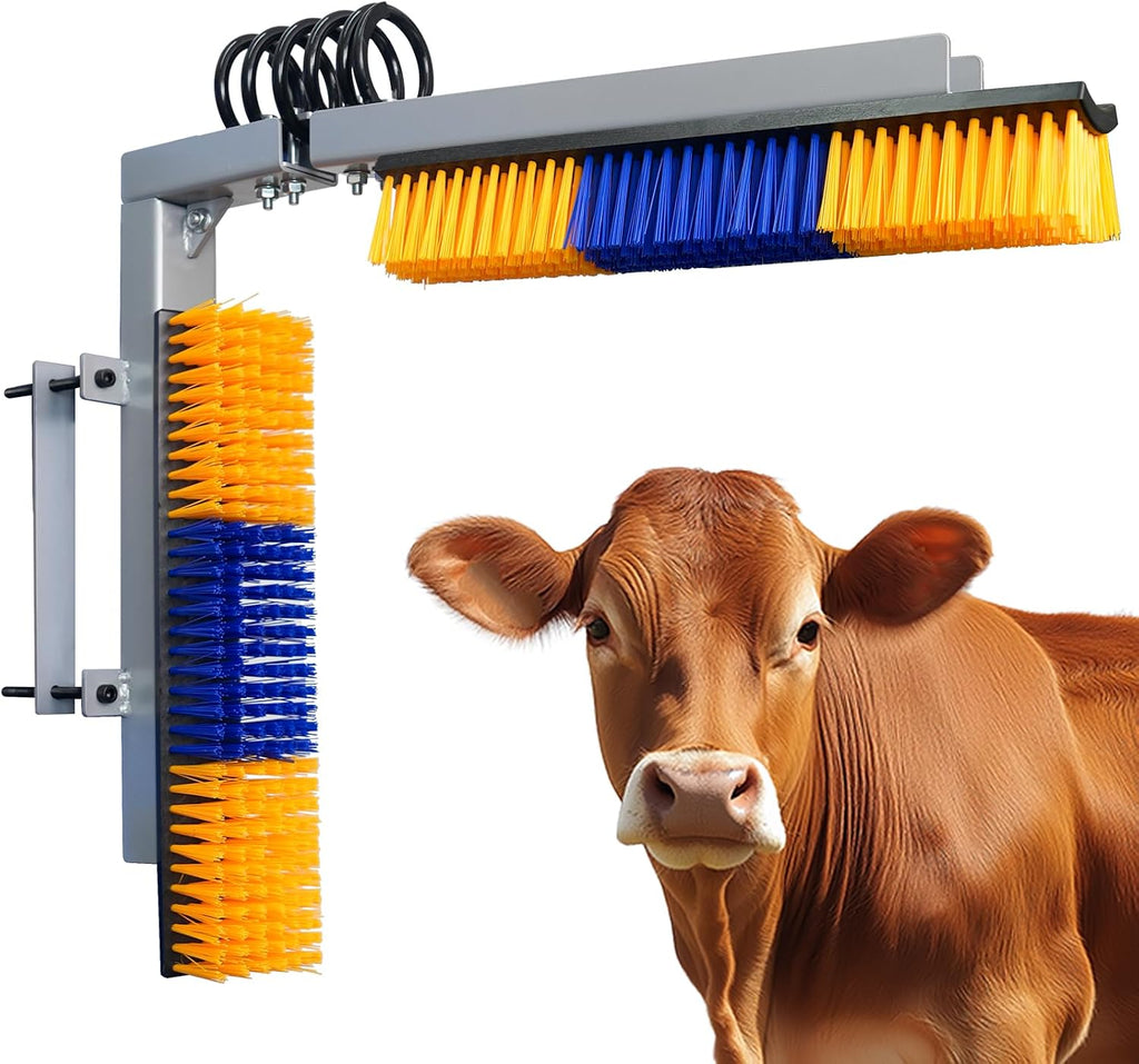 Sayutie livestock scratch brush with spring iron holder front view showing yellow and blue bristles.