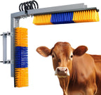 Sayutie livestock scratch brush with spring iron holder front view showing yellow and blue bristles.
