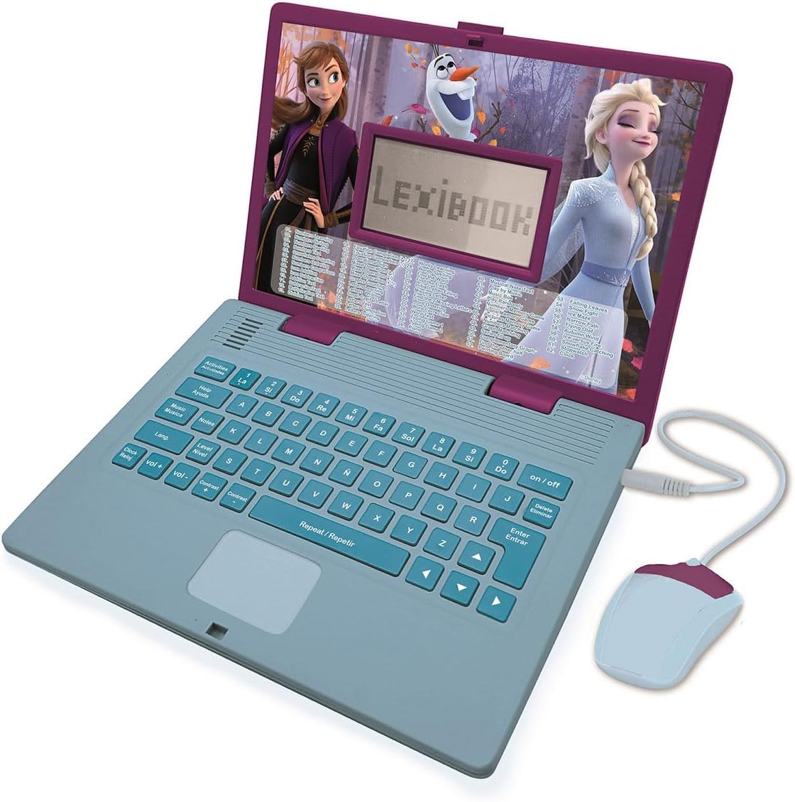 LEXIBOOK Disney Frozen 2 educational bilingual laptop front view displaying Elsa and Anna graphics on the screen.