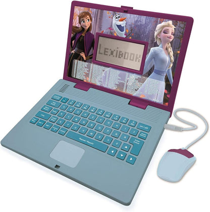 LEXIBOOK Disney Frozen 2 educational bilingual laptop front view displaying Elsa and Anna graphics on the screen.