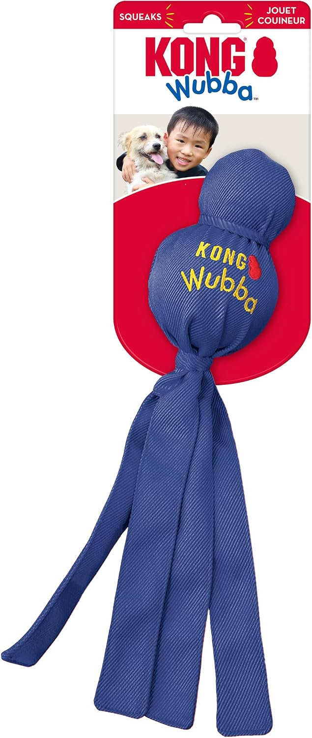 Large red KONG Wubba interactive dog toy with floppy nylon tails