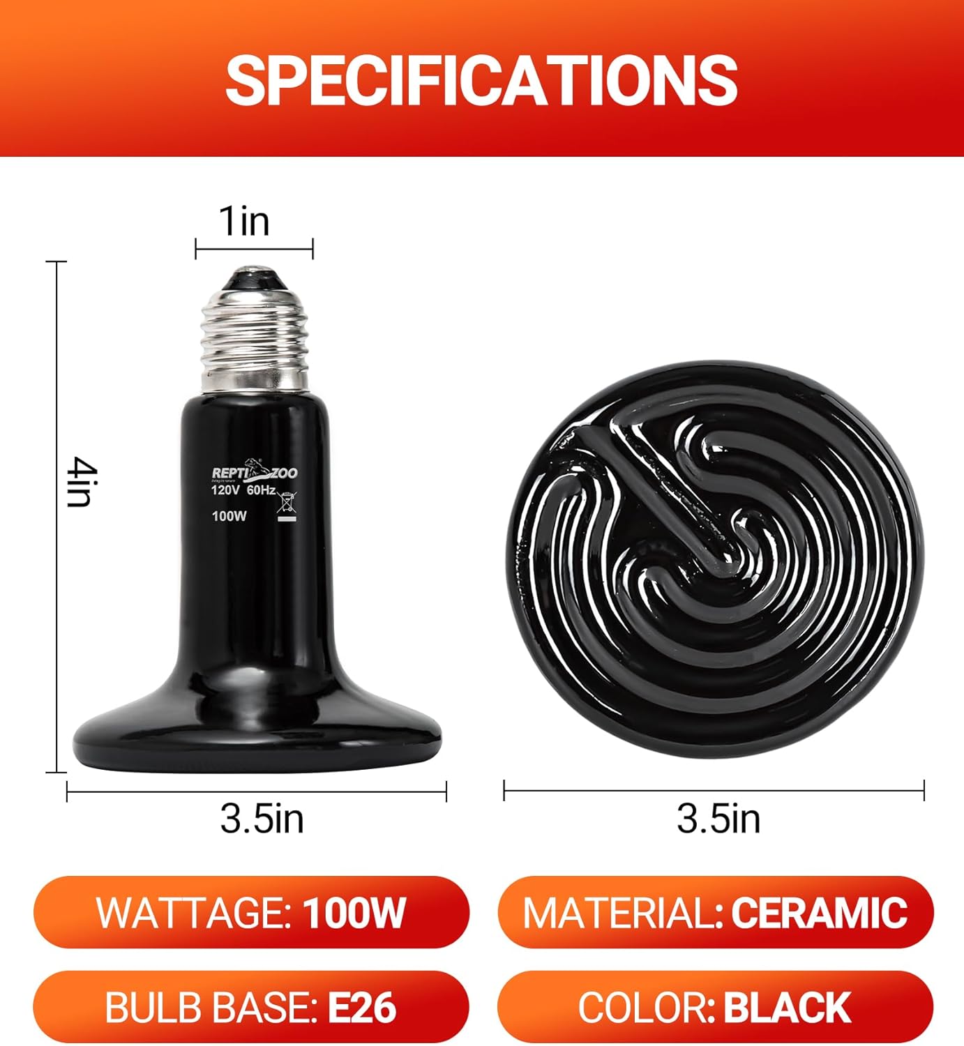 Repti Zoo black ceramic heat lamp bulb showing the E26 screw base