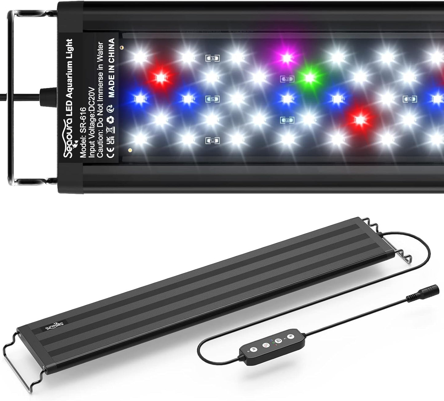 Seaoura LED aquarium light front view mounted on tank