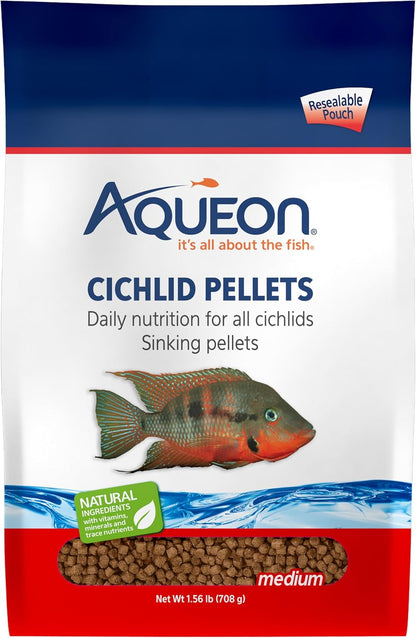 Aqueon cichlid slow sinking fish food pellets medium size front view for freshwater aquariums