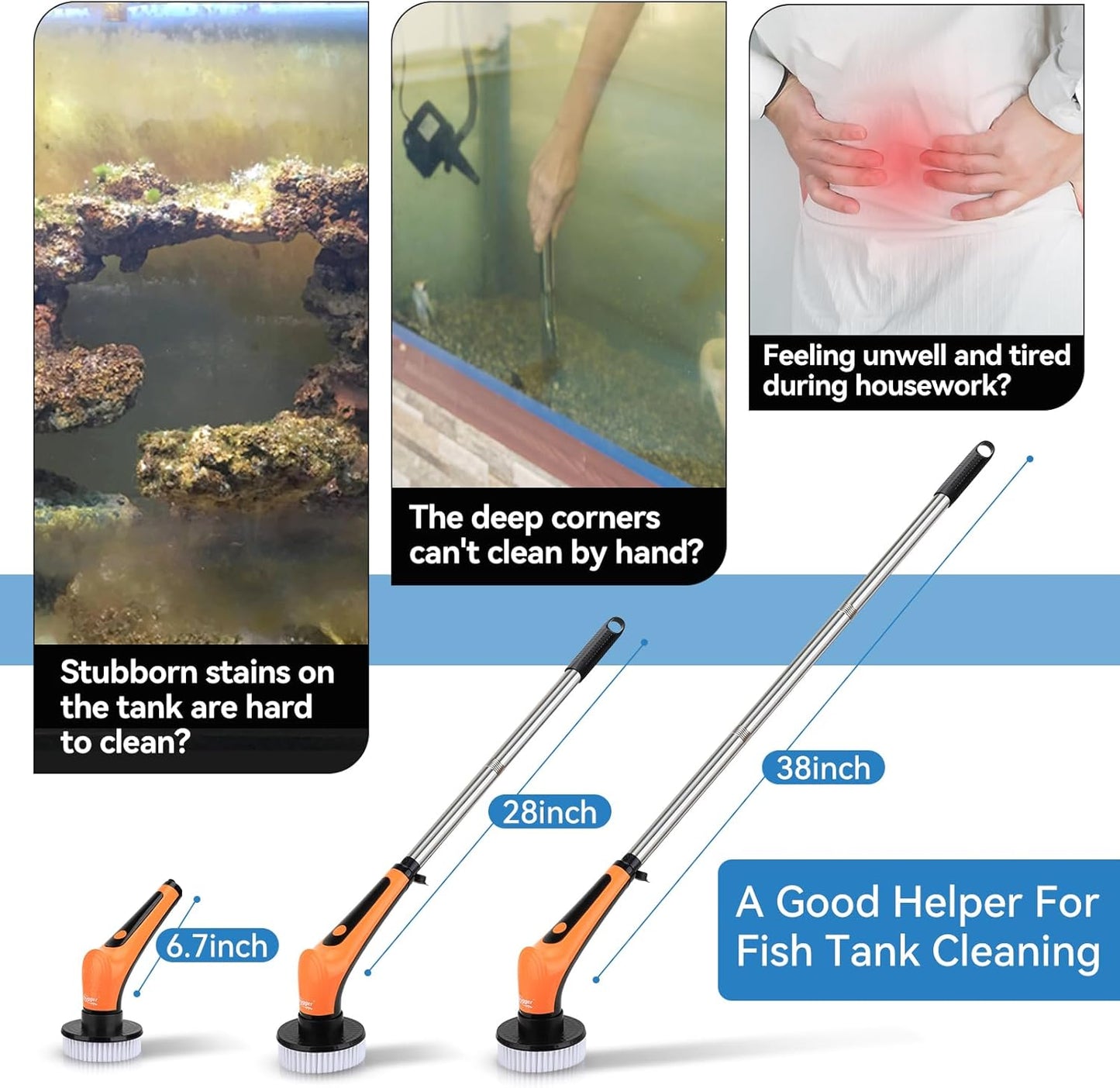 Six interchangeable spin brush heads arranged next to the rechargeable cordless tank cleaner.