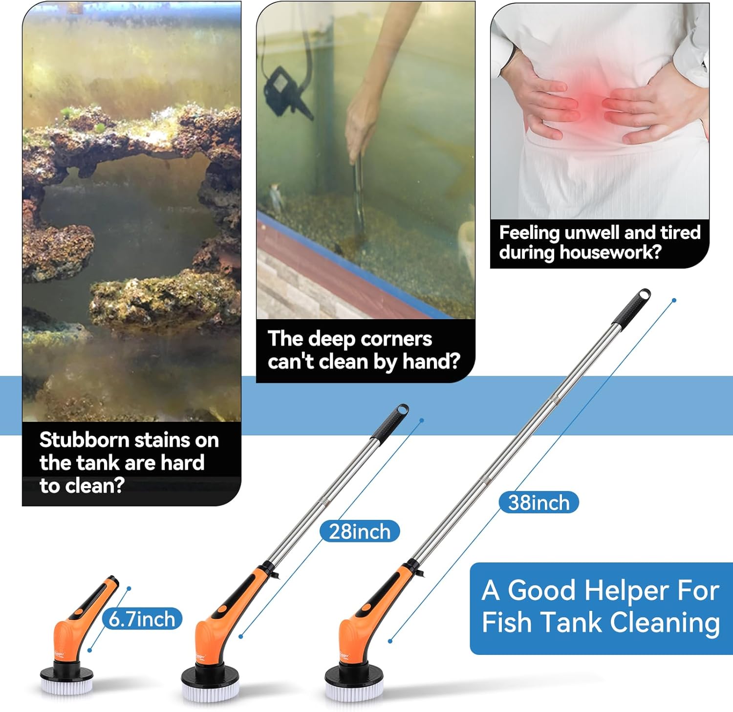 Six interchangeable spin brush heads arranged next to the rechargeable cordless tank cleaner.