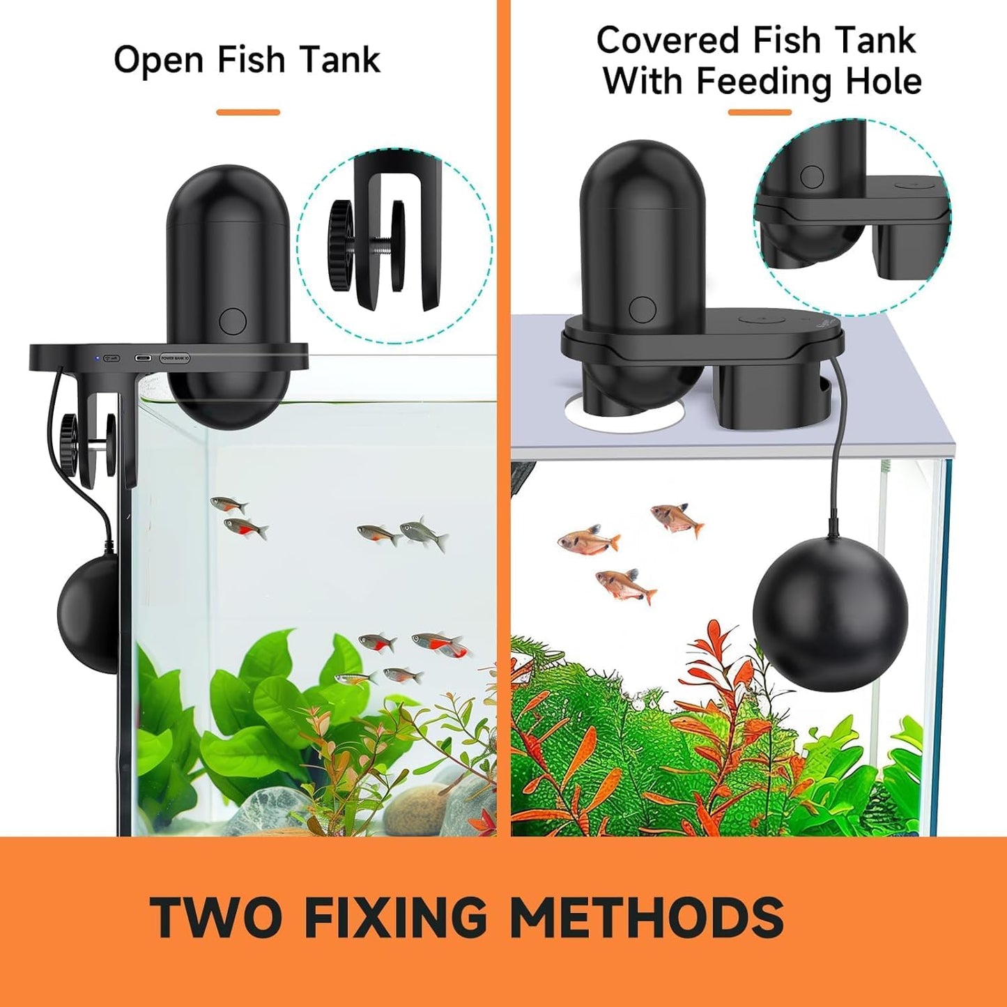 Hygger smart fish feeder demonstrating dual installation methods with clip and base bracket