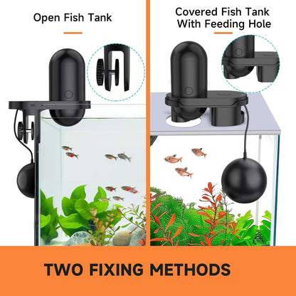 Hygger smart fish feeder demonstrating dual installation methods with clip and base bracket