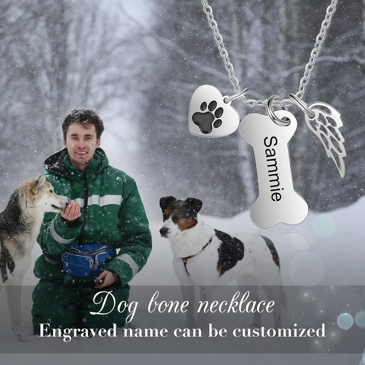 Close up of personalized dog bone charm showing detailed paw print accent.
