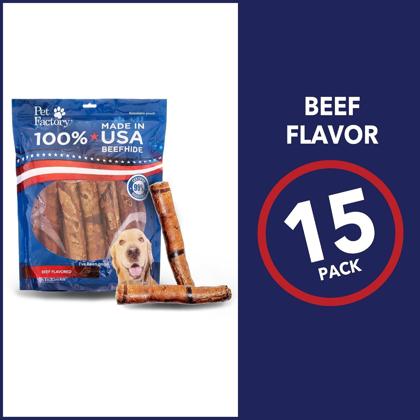 Fifteen count packaging of American beefhide treats for medium and large dogs.