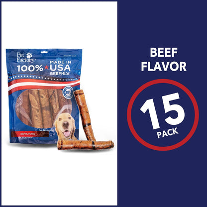 Fifteen count packaging of American beefhide treats for medium and large dogs.