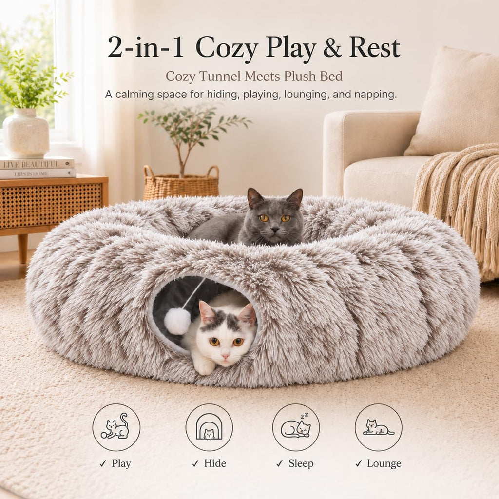 Fluffy Cat Tunnel Bed Under Christmas Tree, Plush Warm Brown - Image 6