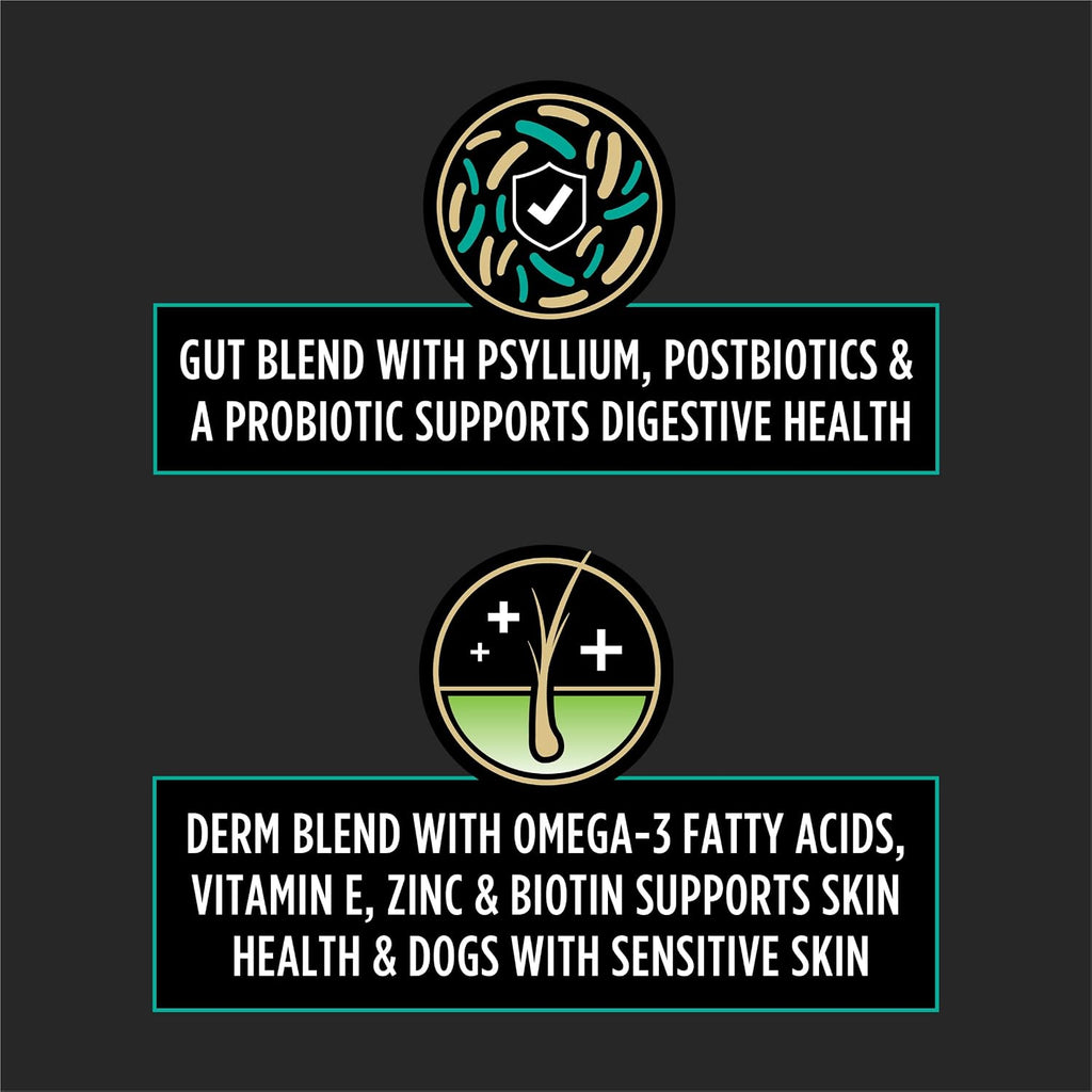Close up view of the 3 in 1 formula description on the imported Purina dog supplement bag
