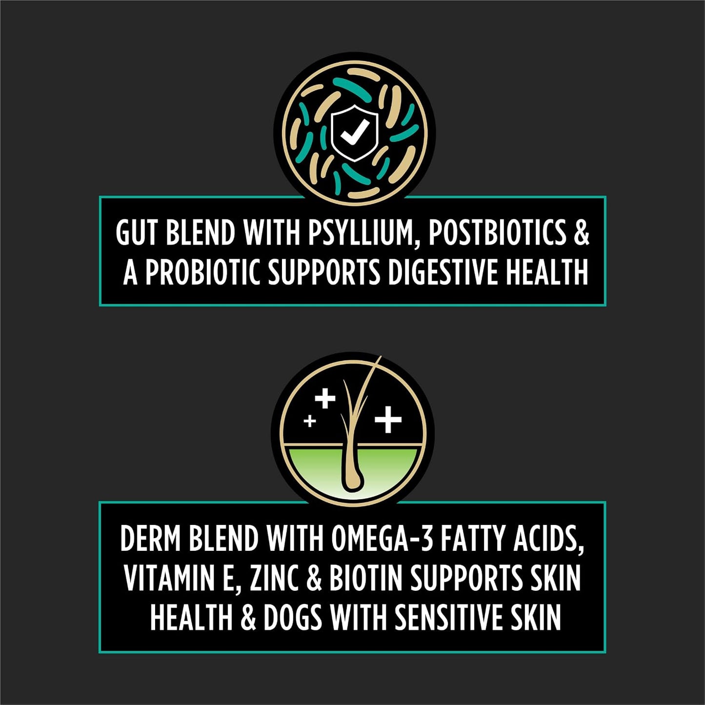Close up view of the 3 in 1 formula description on the imported Purina dog supplement bag