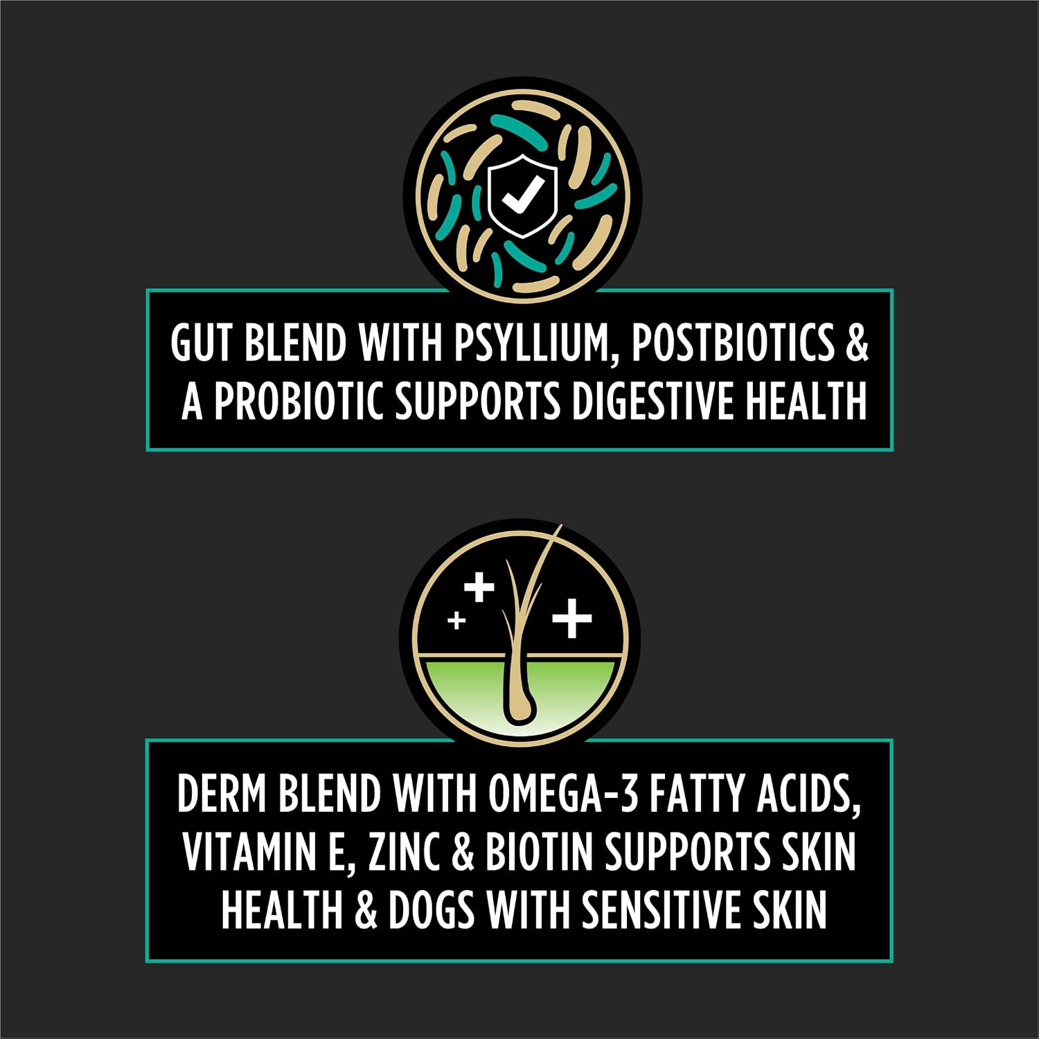 Close up view of the 3 in 1 formula description on the imported Purina dog supplement bag