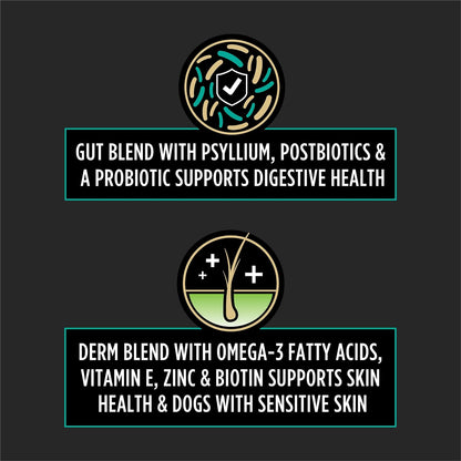 Close up view of the 3 in 1 formula description on the imported Purina dog supplement bag