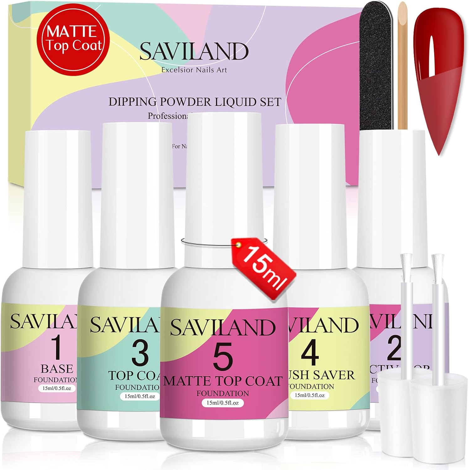 Saviland dip powder liquid set front view showing five fifteen milliliter bottles