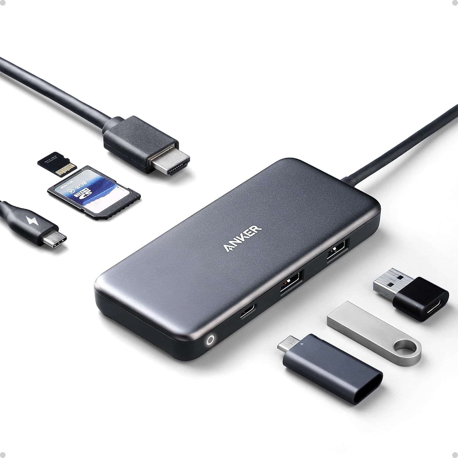 Anker PowerExpand 7 in 1 USB C Hub front view showcasing multiple adapter ports.