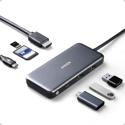 Anker PowerExpand 7 in 1 USB C Hub front view showcasing multiple adapter ports.