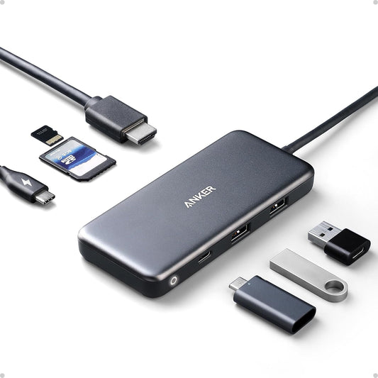 Anker PowerExpand 7 in 1 USB C Hub front view showcasing multiple adapter ports.