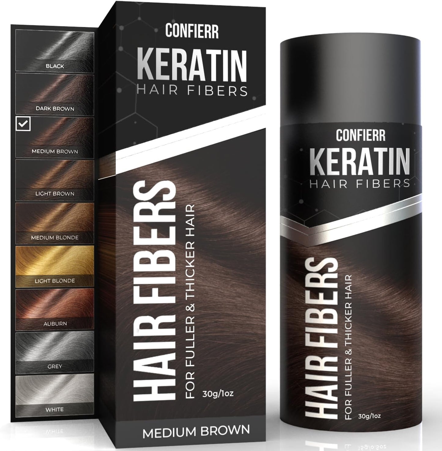 Confierr Keratin Hair Fibers Medium Brown front view of packaging for thinning hair