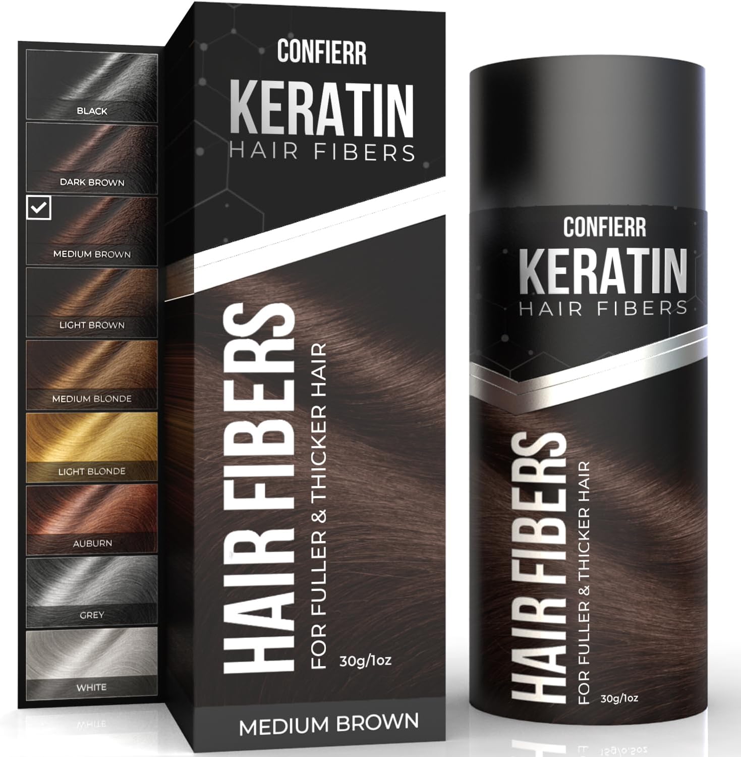 Confierr Keratin Hair Fibers Medium Brown front view of packaging for thinning hair