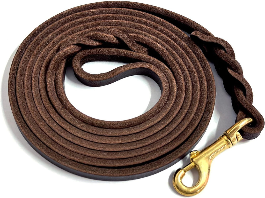 Premium full grain black leather pet leash laid flat showing thickness