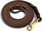 Premium full grain black leather pet leash laid flat showing thickness