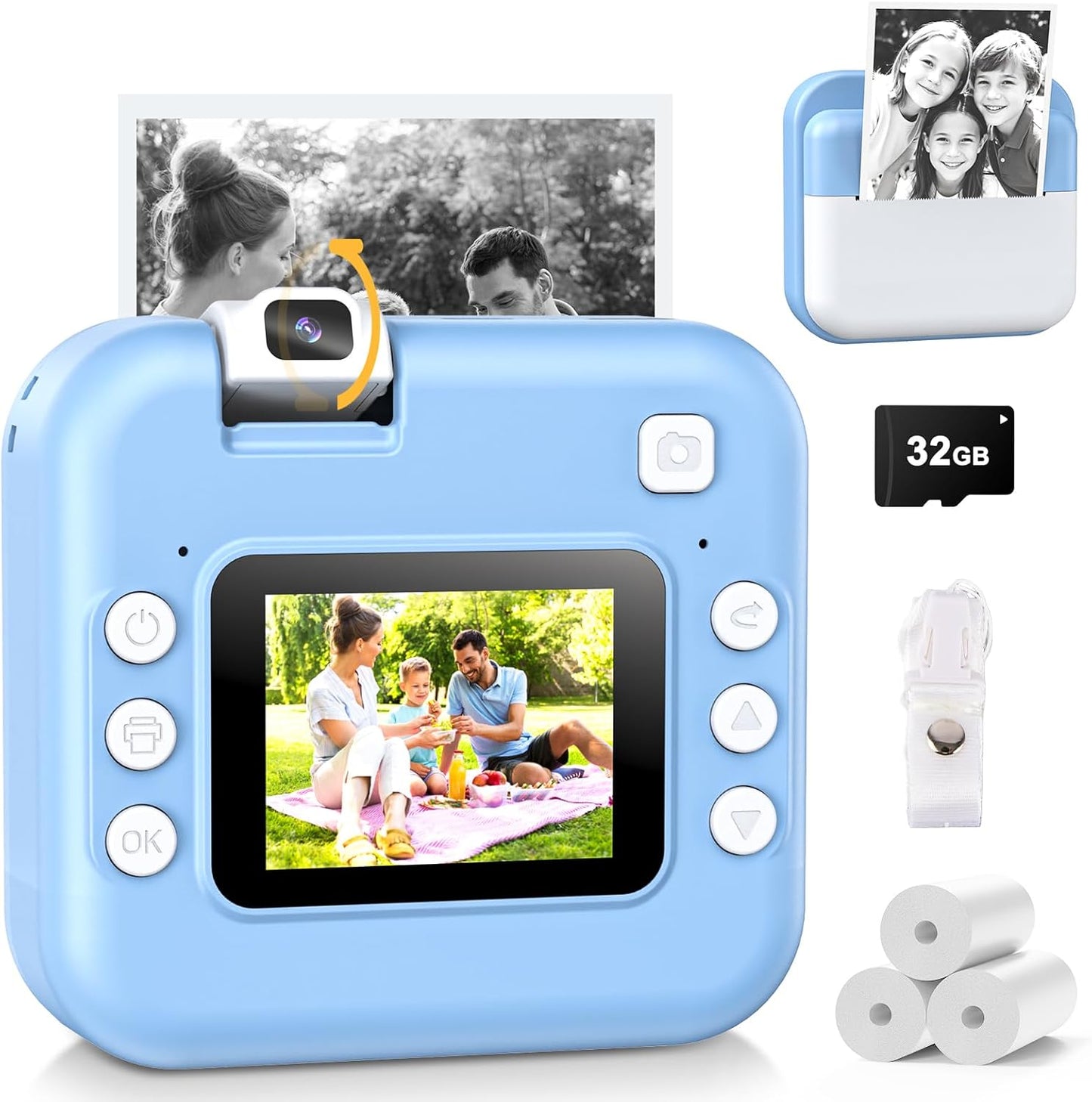 Alotwan Kids Camera Instant Print front view showing blue durable casing and digital lens mechanism.