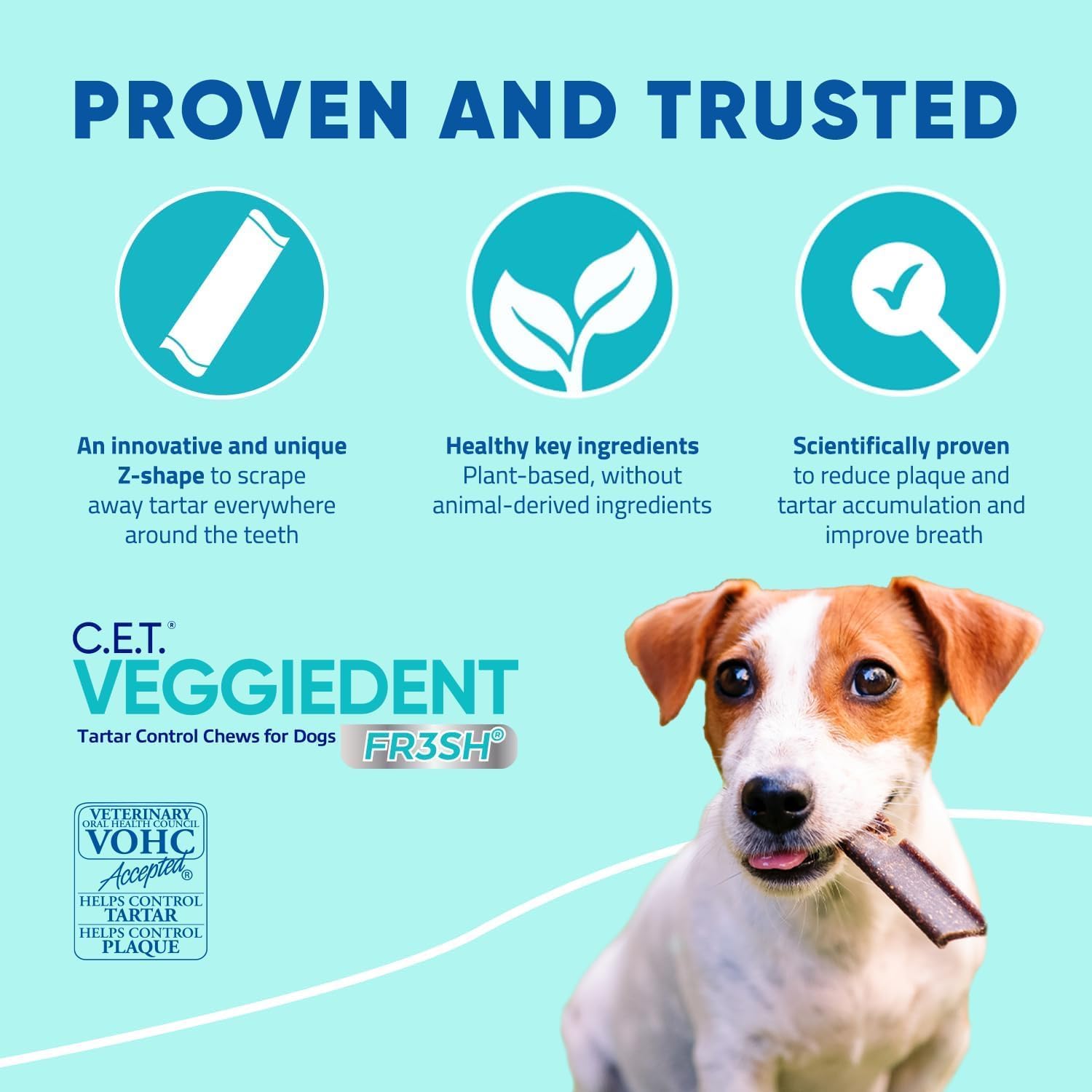 Thirty count bag of Virbac CET VeggieDent fresh breath sticks for medium breeds