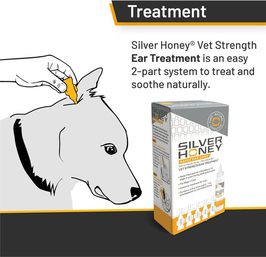 Silver Honey vet strength ear rinse bottle and treatment doses