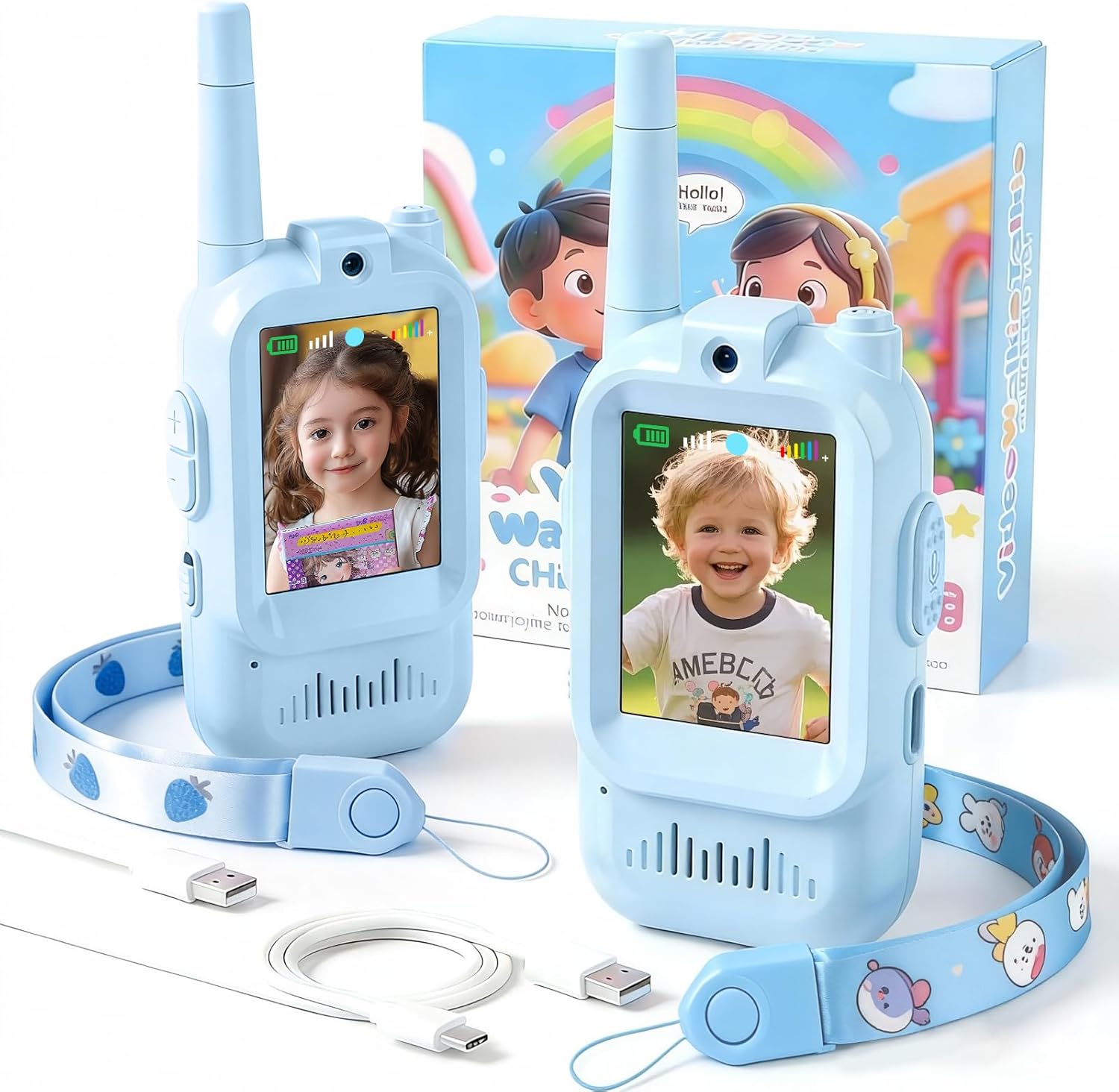 ZHIMAOKJ video walkie talkie for kids front view showing blue and pink units with color screens