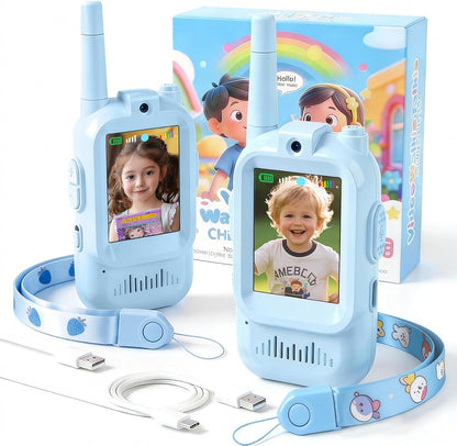 ZHIMAOKJ video walkie talkie for kids front view showing blue and pink units with color screens