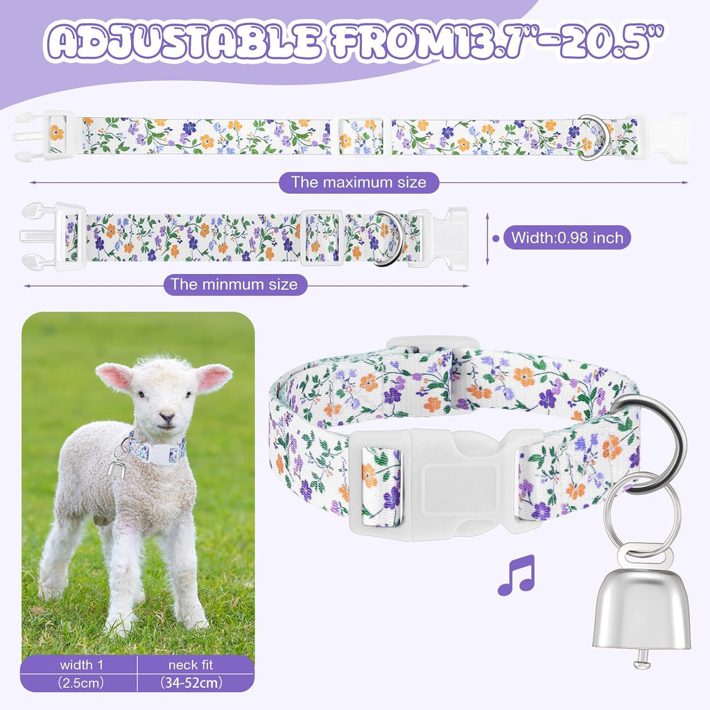 Talltalk adjustable nylon farm animal collar in purple floral print with loud bronze bell tracking accessory.