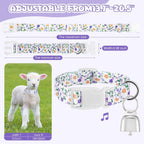 Talltalk adjustable nylon farm animal collar in purple floral print with loud bronze bell tracking accessory.