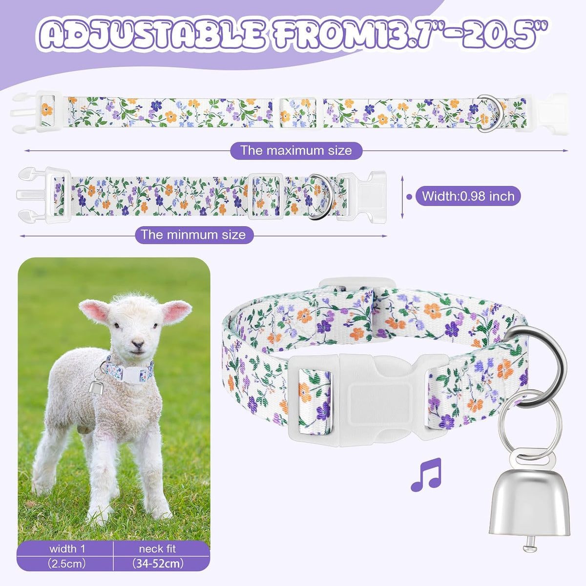 Talltalk adjustable nylon farm animal collar in purple floral print with loud bronze bell tracking accessory.