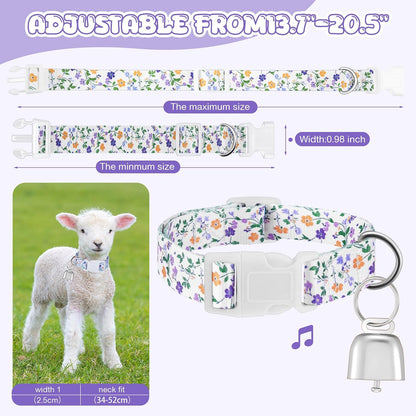 Talltalk adjustable nylon farm animal collar in purple floral print with loud bronze bell tracking accessory.
