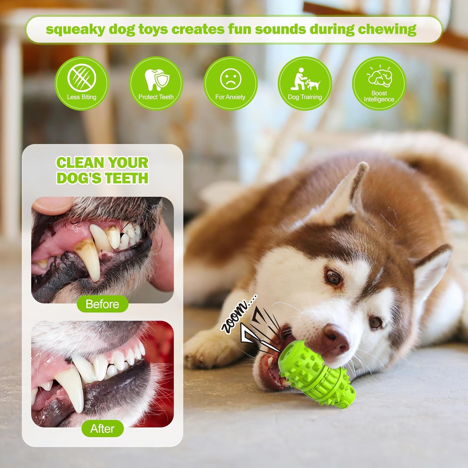 Side view of durable green Piffzedo squeaky dog toy